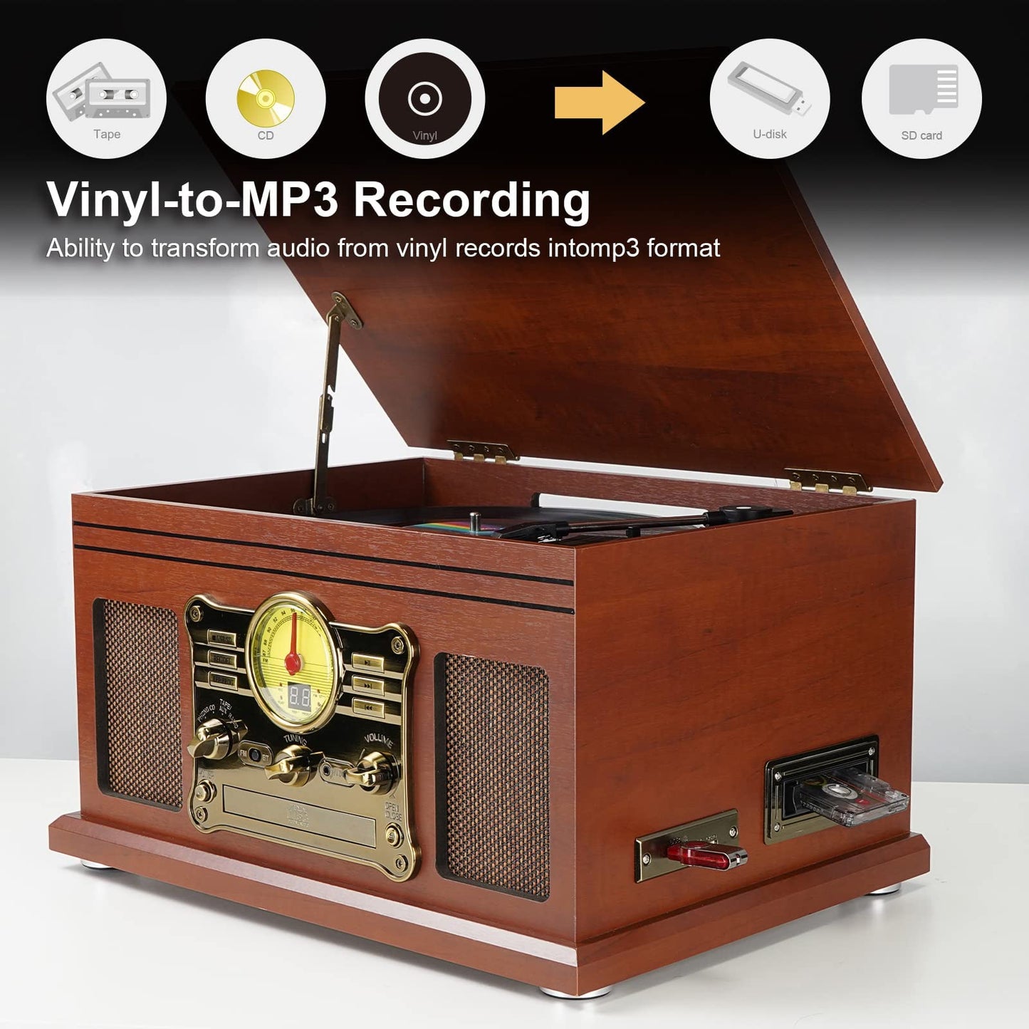 10 in 1 Bluetooth Record Player 3-Speed Turntable for Vinyl with Speakers