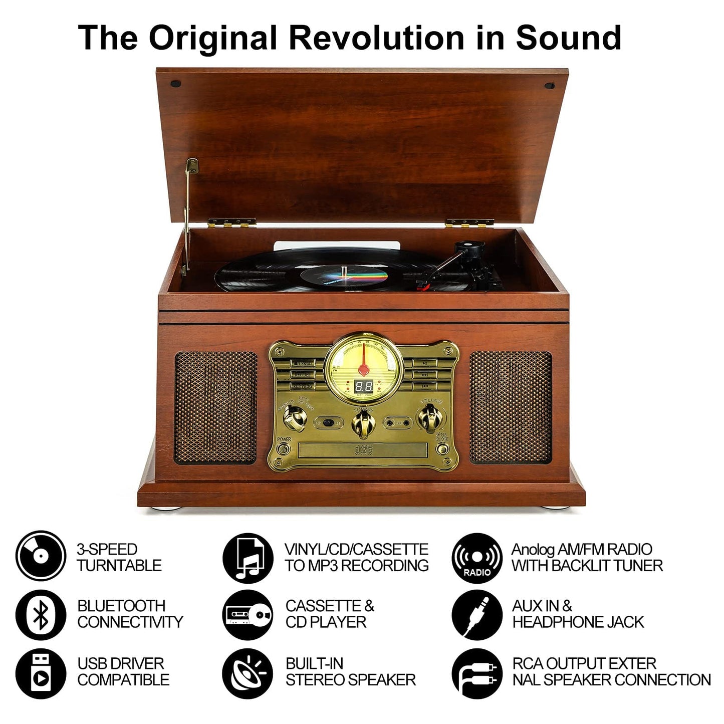 10 in 1 Bluetooth Record Player 3-Speed Turntable for Vinyl with Speakers