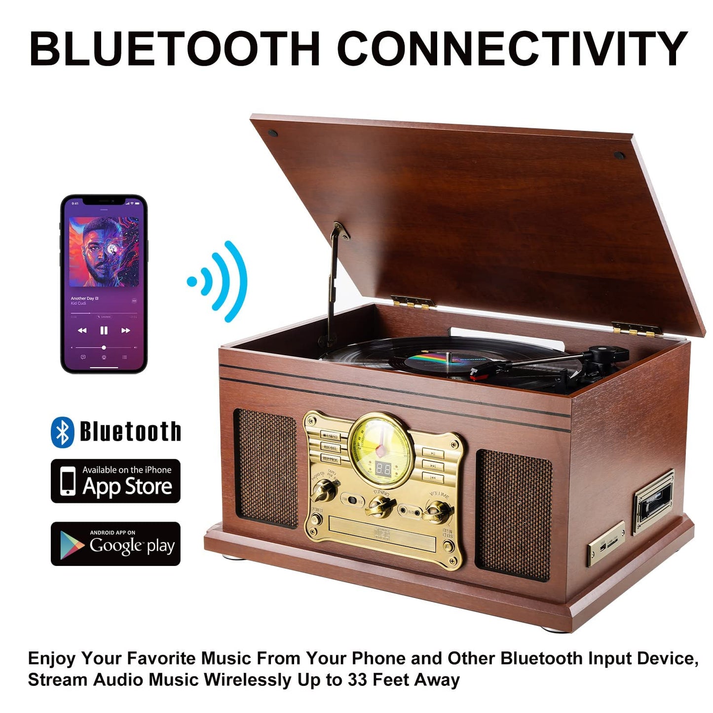 10 in 1 Bluetooth Record Player 3-Speed Turntable for Vinyl with Speakers
