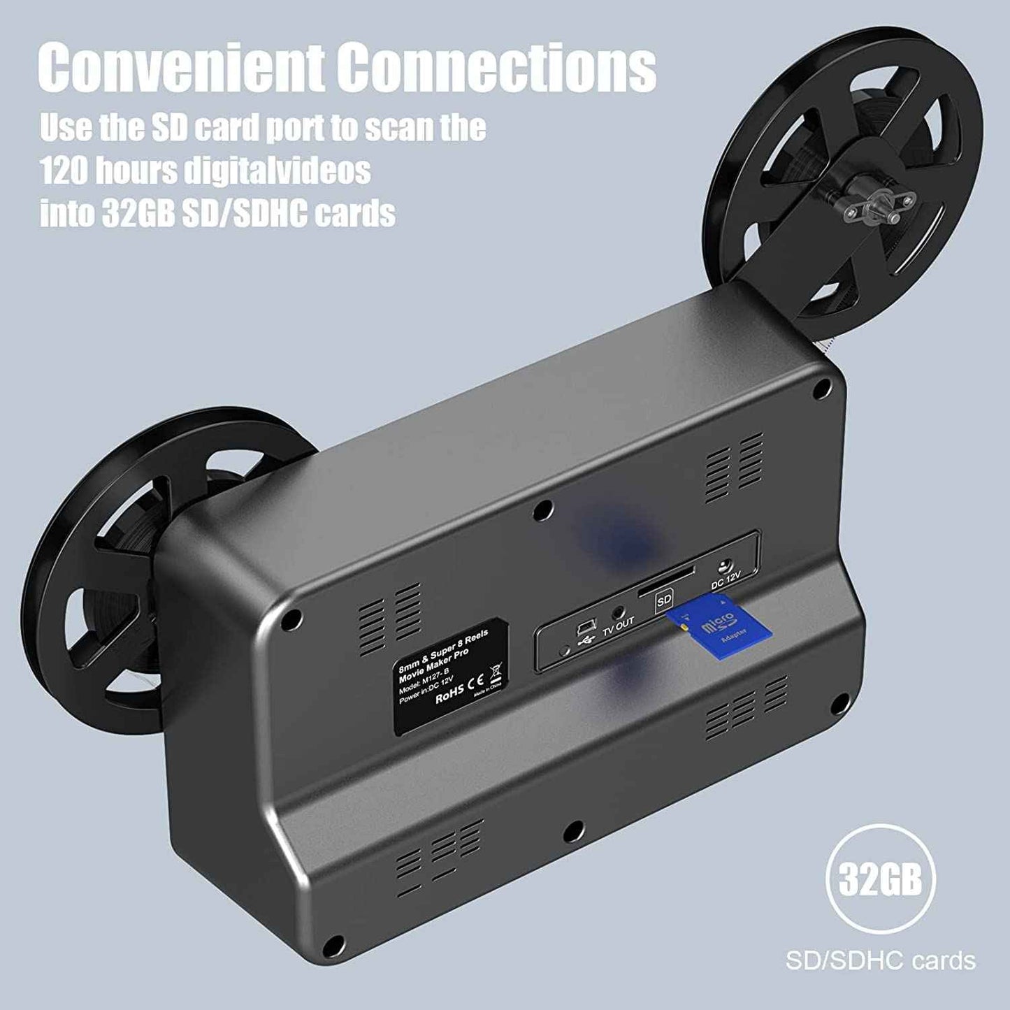 scans 8mm and Super 8 film frame-by-frame for best quality,