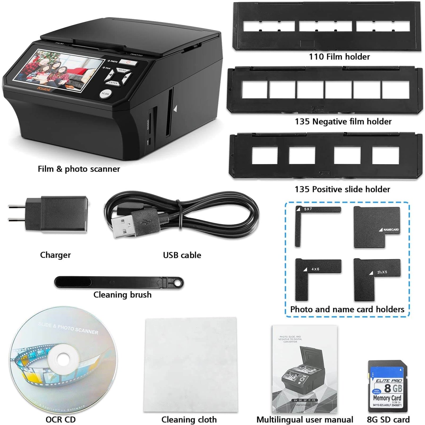 4 in 1 Photo,NameCard,Slide & Negative Scanner with Large 5” LCD Screen