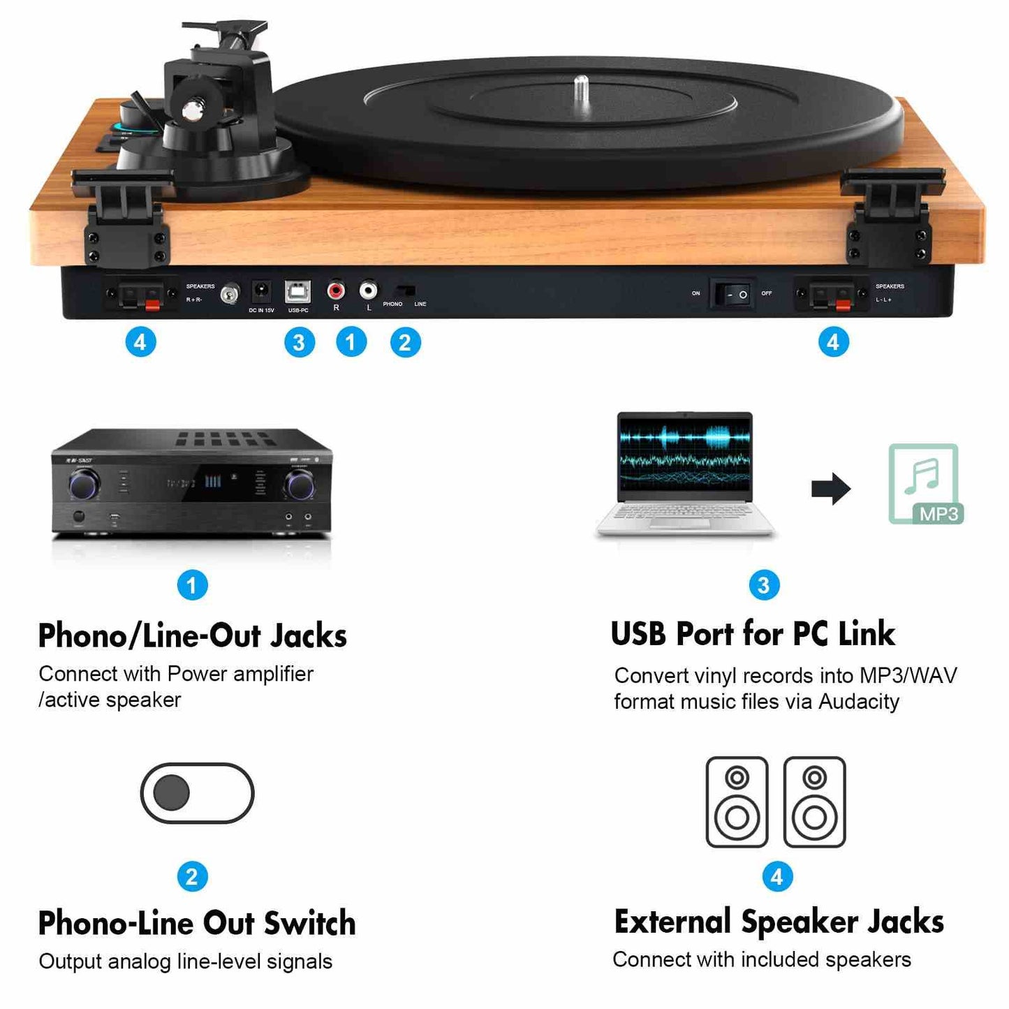 Vinyl Record Player with Magnetic Cartridge & Adjustable Counter Weight
