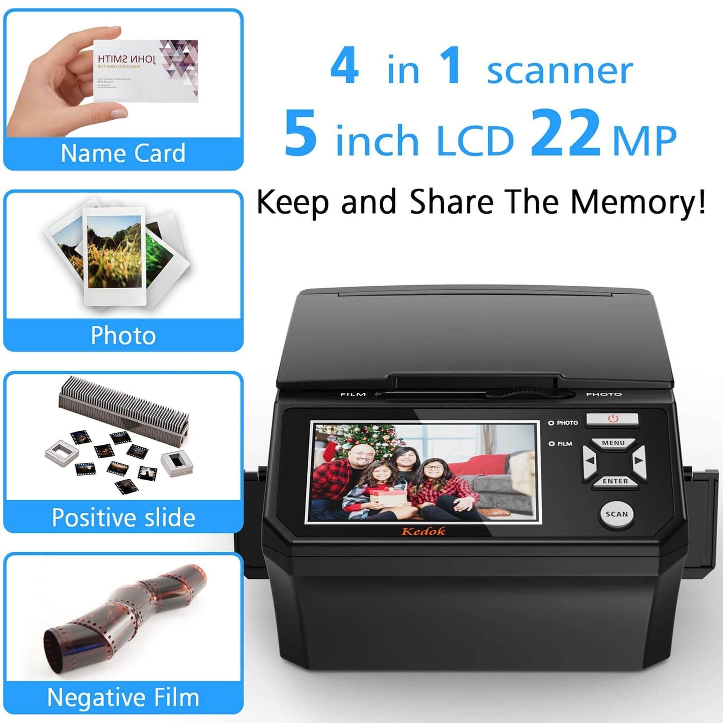 4 in 1 Photo,NameCard,Slide & Negative Scanner with Large 5” LCD Screen