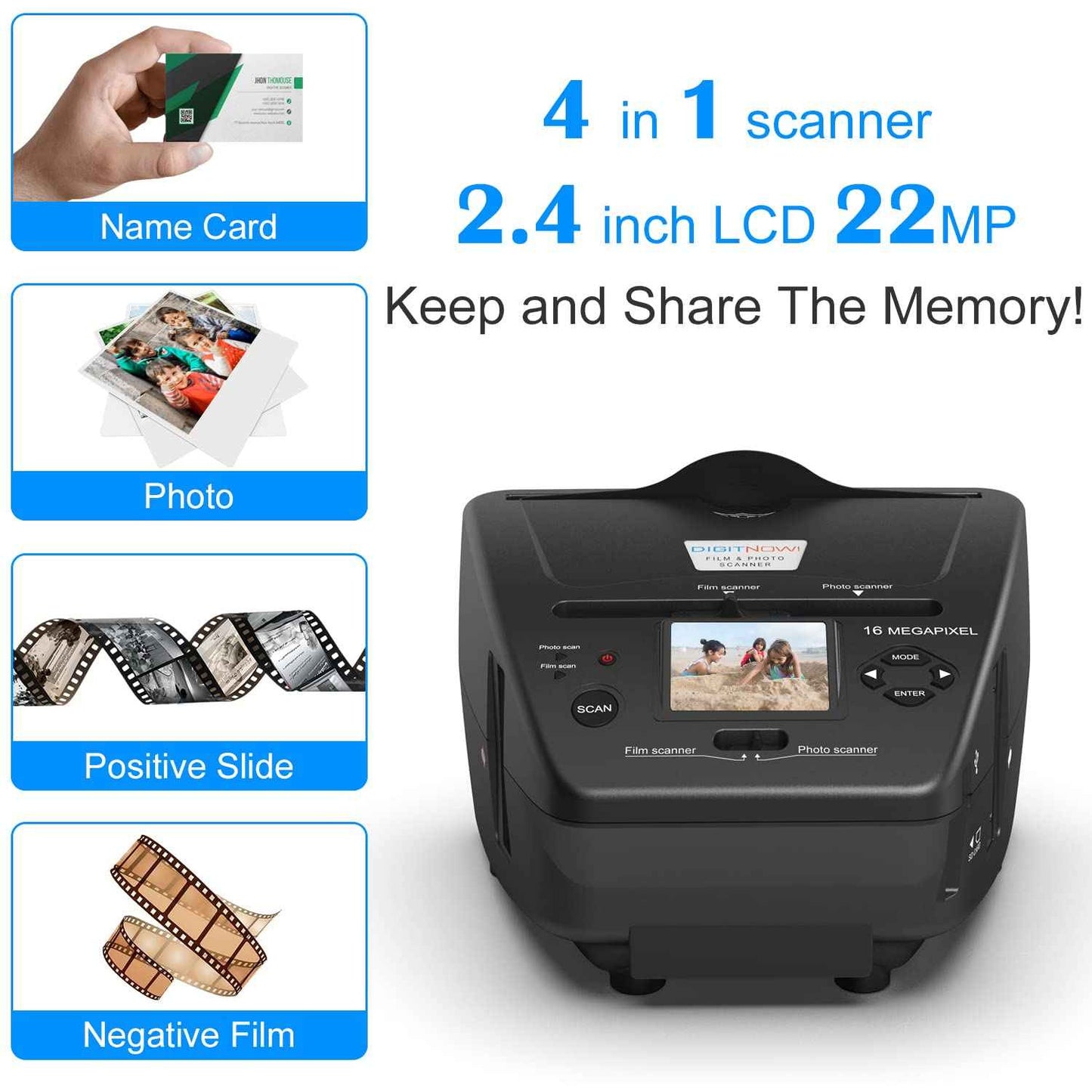 4-in-1 Film & Photo Scanner with 2.4" LCD Screen