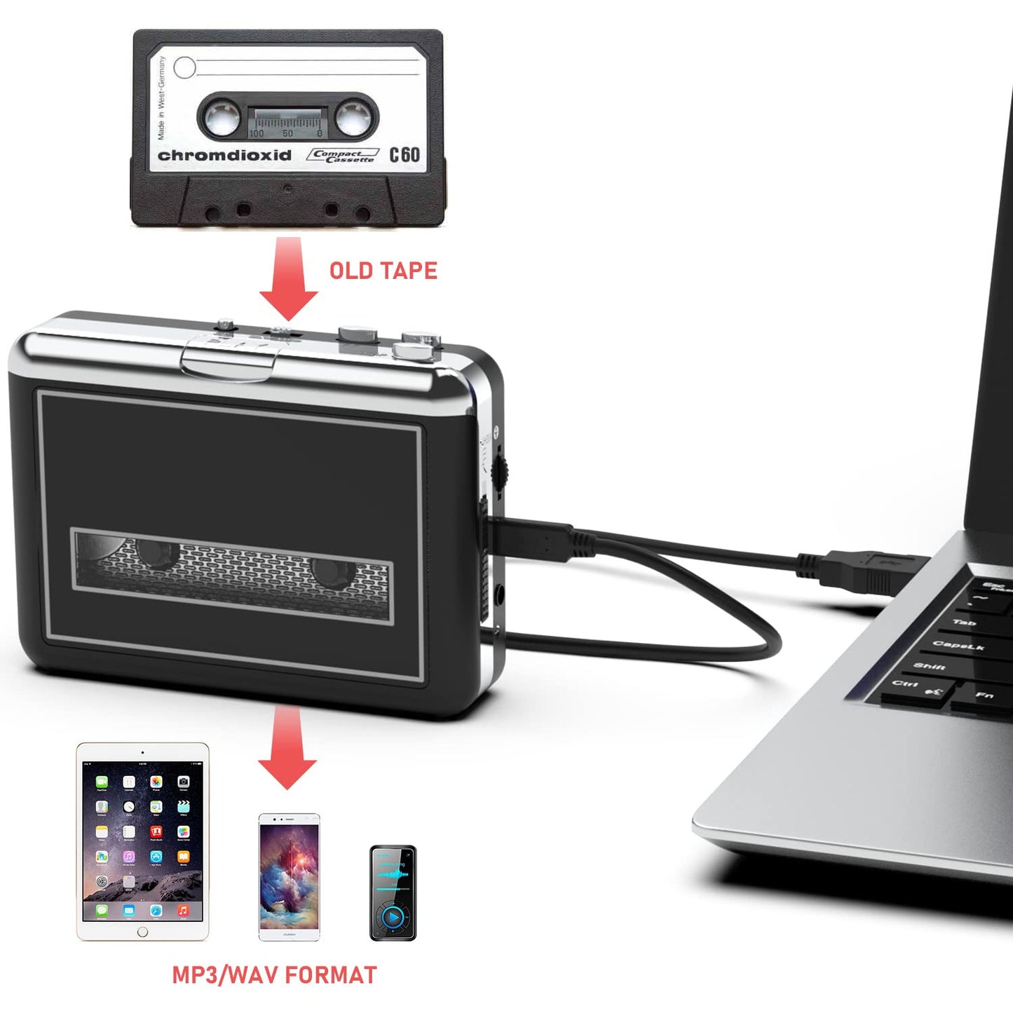 Cassette Player Converter, Compact Walkman Tapes to MP3 Recorder