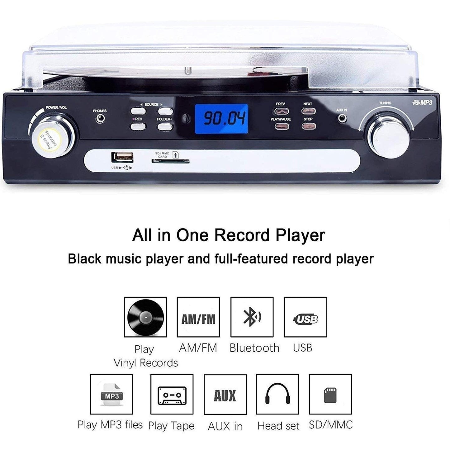 All-in-one Record Player Turntable for Vinyl to MP3 with Cassette Play
