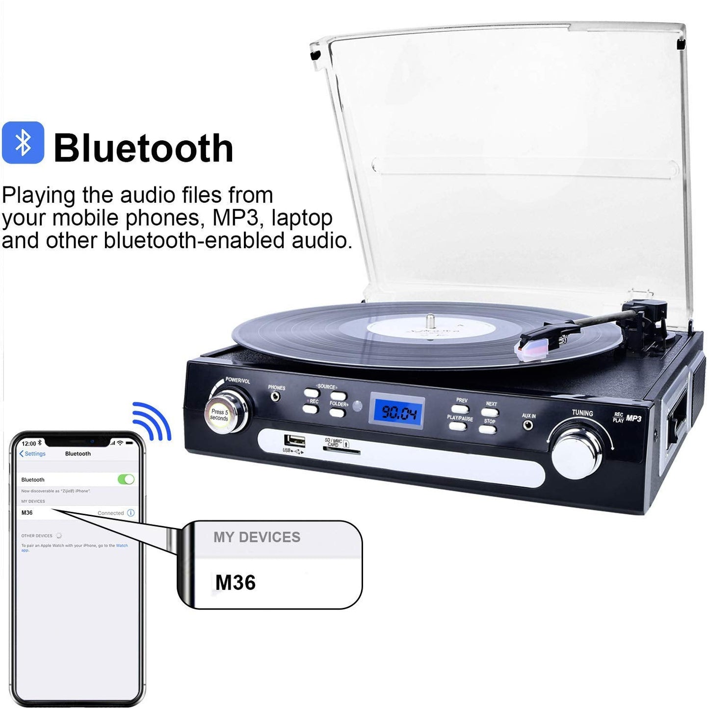 All-in-one Record Player Turntable for Vinyl to MP3 with Cassette Play