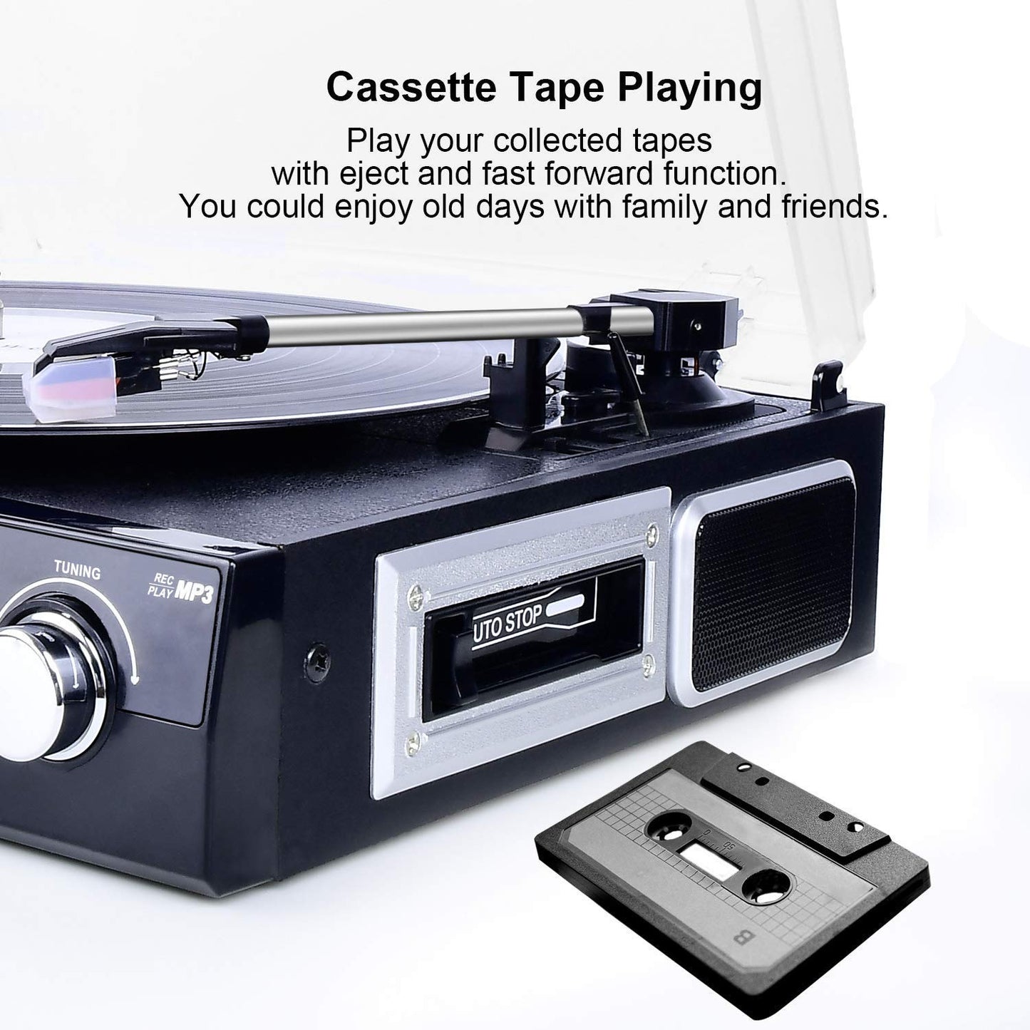All-in-one Record Player Turntable for Vinyl to MP3 with Cassette Play