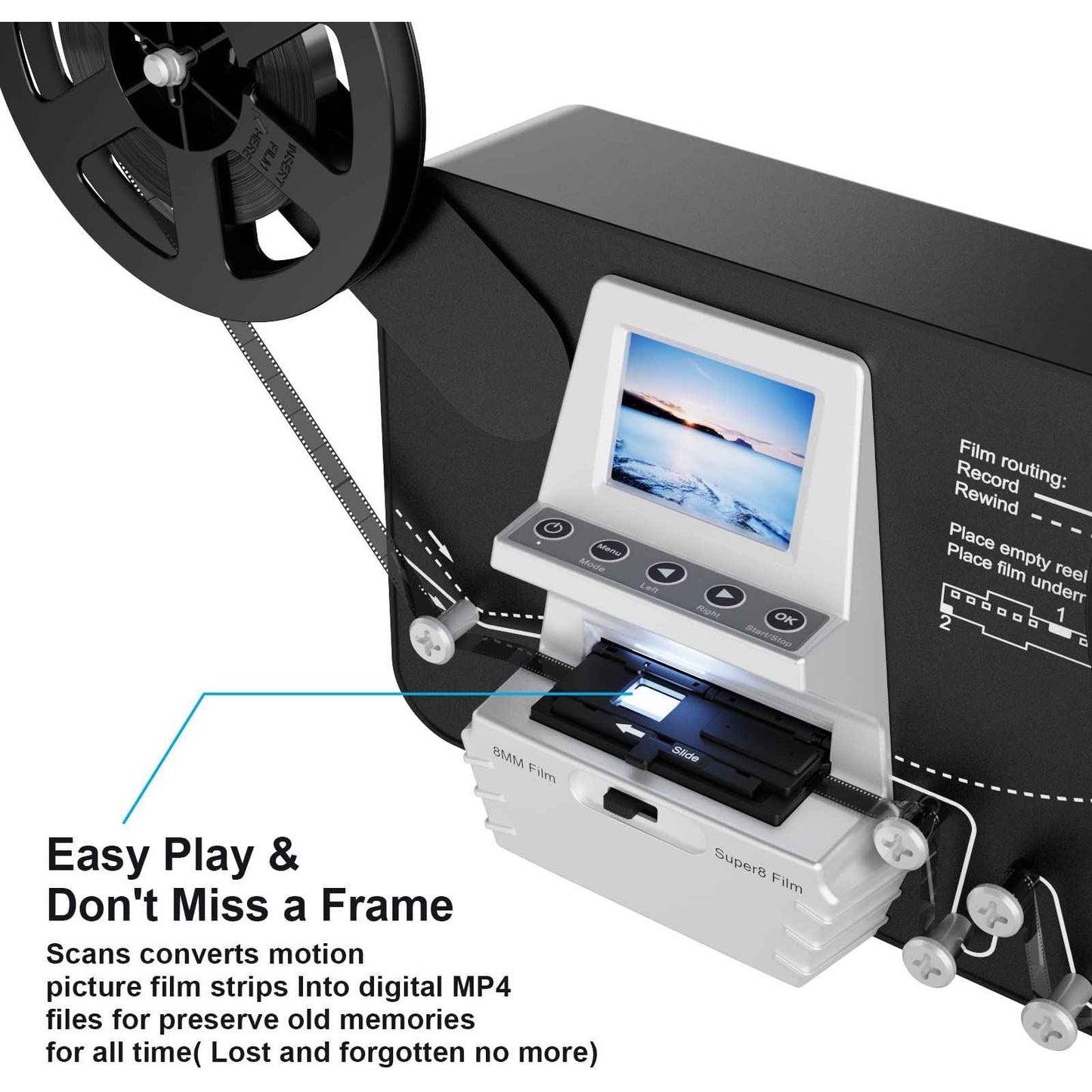 8mm Film Scanner to Convert Old 8mm and Super 8 Movie Reels Into Digital Videos, support up to 9" reels and 1080P.