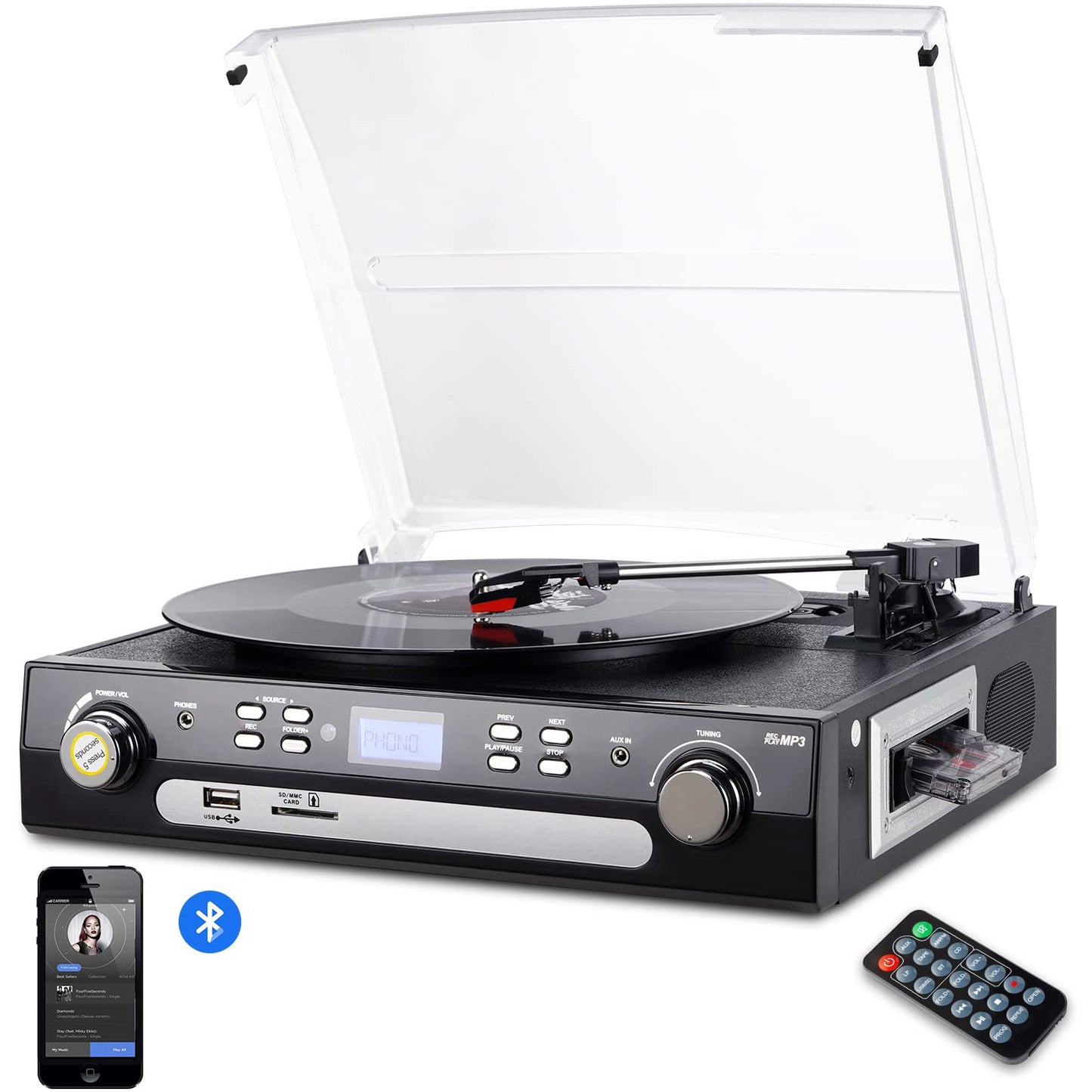 All-in-one Record Player Turntable for Vinyl to MP3 with Cassette Play