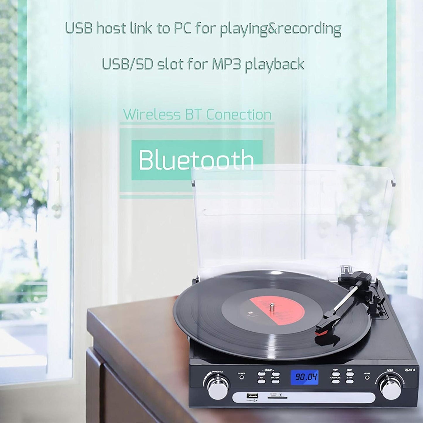 All-in-one Record Player Turntable for Vinyl to MP3 with Cassette Play